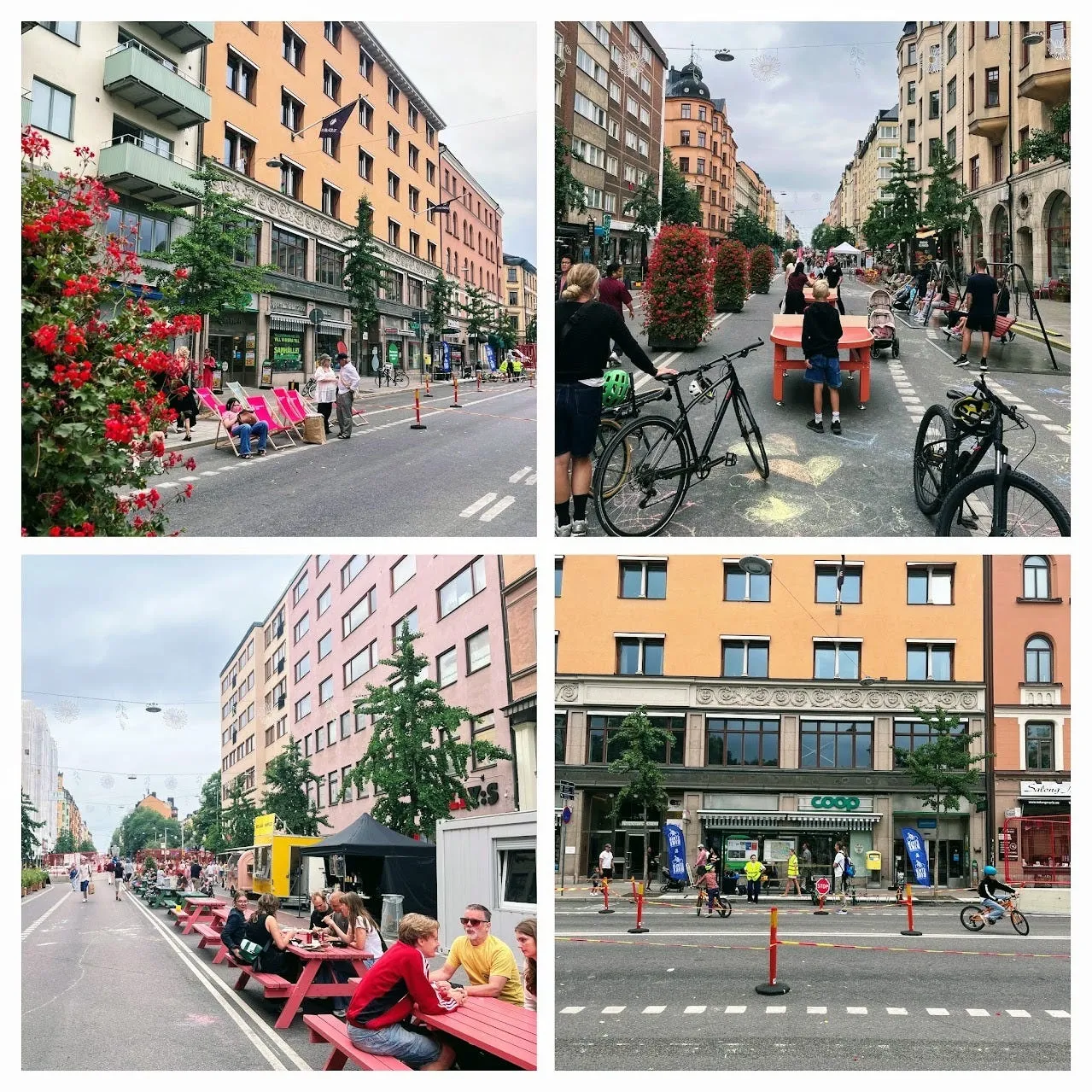 Fyra bilder från de bilfria helgerna: solstolar i körfältet, pingisbord och gatukritor, picknickbord vid foodtrucks och barn som cyklar på den avstängda gatan.