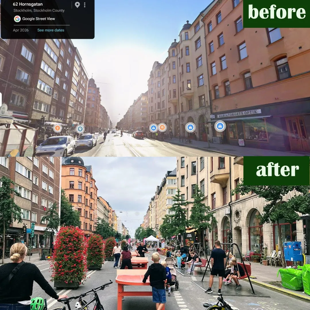 Före och efter på Hornsgatan: överst Google Street View med bilköer, underst en bilfri helg med pingisbord, blomsterpelare, gungor och lekande barn.