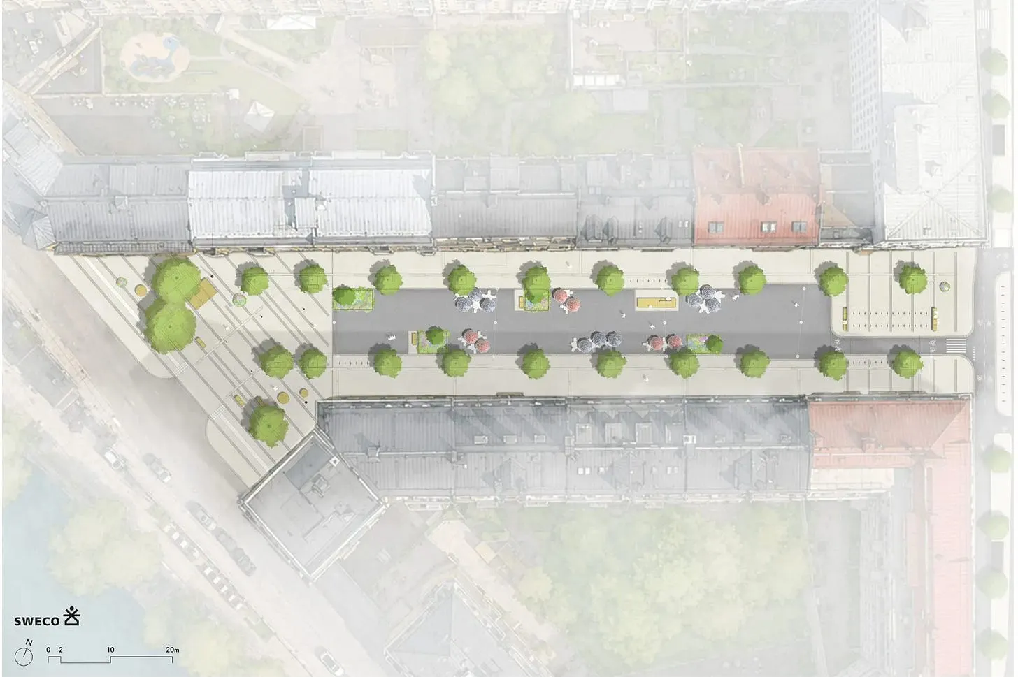 Swecos planritning över den del av Hornsgatan som föreslås bli gågata, sedd ovanifrån med träd, uteserveringar och sittplatser.