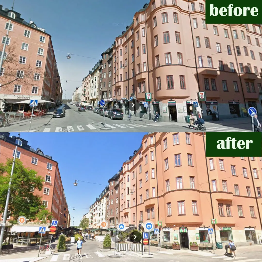 Före och efter på Rörstrandsgatan: samma gathörn i Google Street View med parkerade bilar överst och med uteserveringar, planteringar och gående nederst.