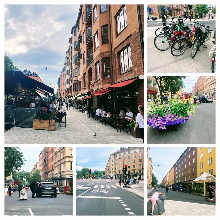 Sex bilder från Rörstrandsgatan: fulla uteserveringar, cykelparkering, blomsterurnor i gatan, en bil som kör bland gående, cykelbana vid en korsning och en gågatuvy med lekskulptur.