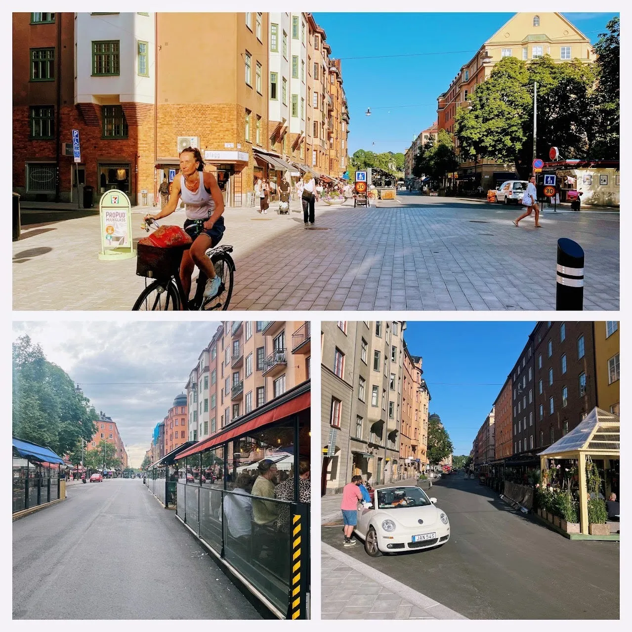 Tre bilder: den stenlagda korsningen vid Birkagatan med en cyklist, raden av inglasade uteserveringar längs gatan och en bil som kör bland gående.