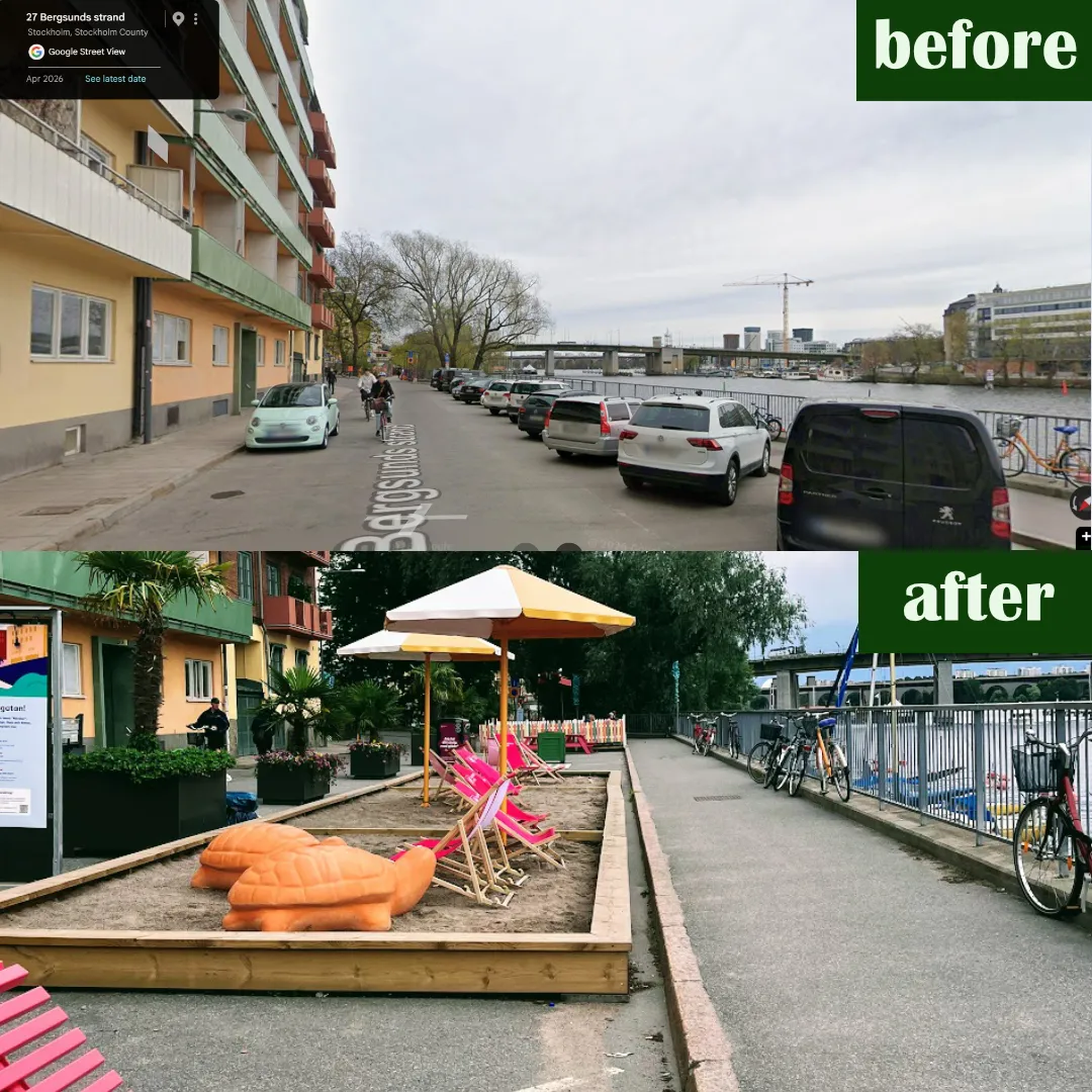 Före och efter på Bergsunds strand: en rad parkerade bilar längs vattnet omvandlad till sandlåda med orange sköldpaddsskulpturer, solstolar och parasoller.