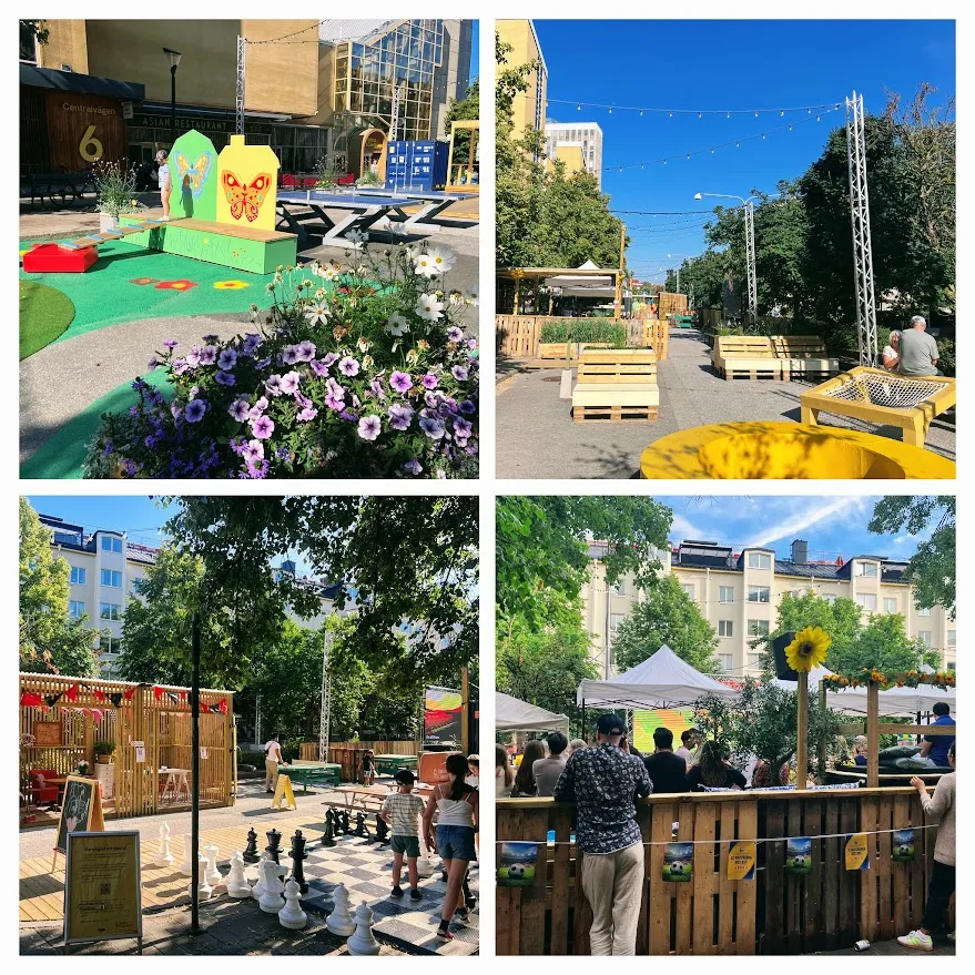 Fyra bilder från Centralvägen i Solna: en lekyta med fjärilsdekorationer och blommor, lastpallsmöbler under ljusslingor, jätteschack på gatan och publik vid en VM-visning.