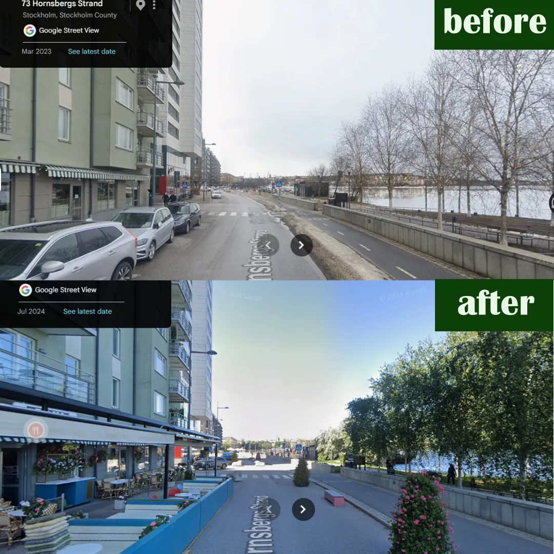 Före och efter på Hornsbergs strand: parkerade bilar längs kajgatan ersatta av uteserveringar, planteringar och uppvuxen grönska.