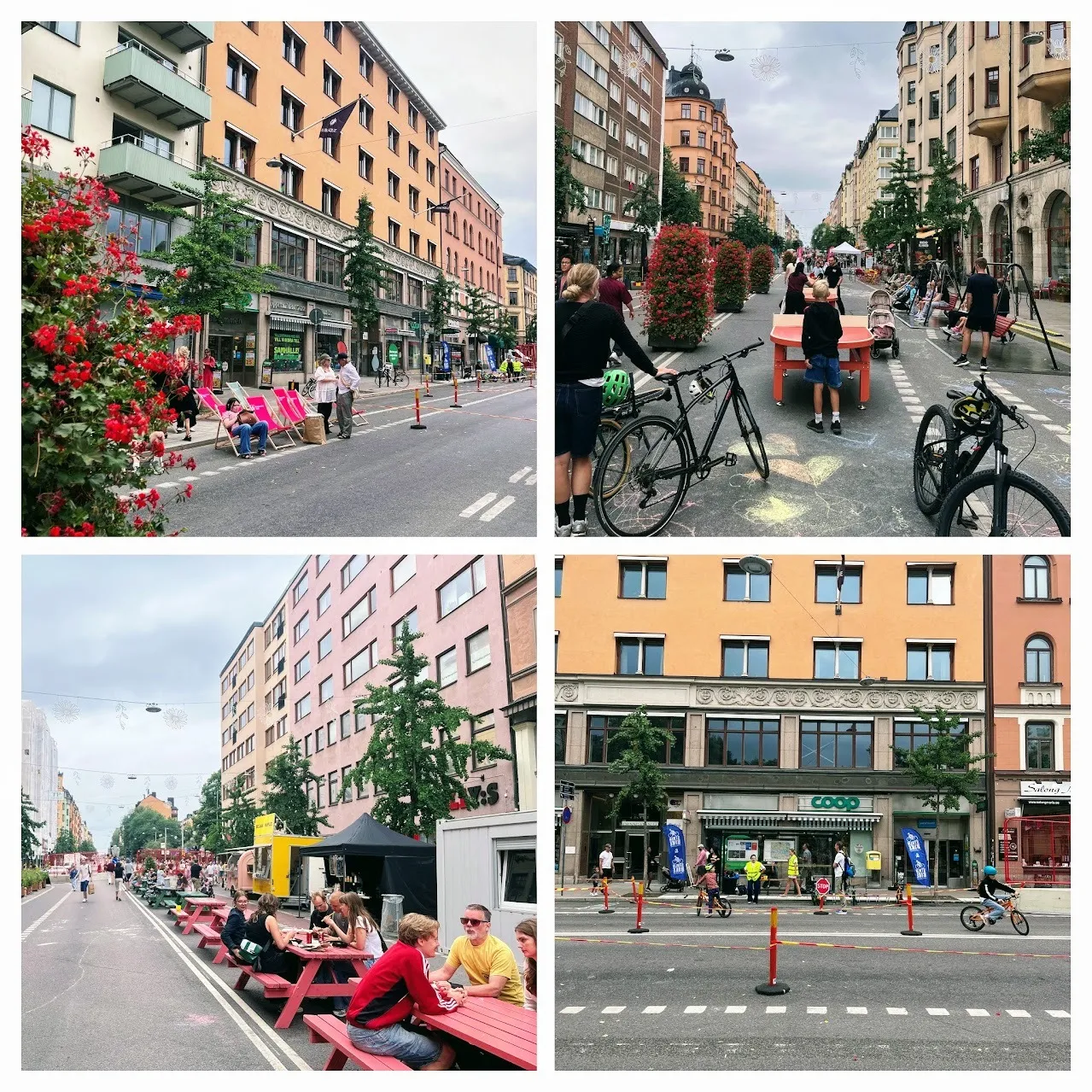 Fyra bilder från en bilfri helg på Hornsgatan: rosa solstolar i körbanan, pingisbord och gungor, picknickbord vid en foodtruck och barn som cyklar förbi Coop.