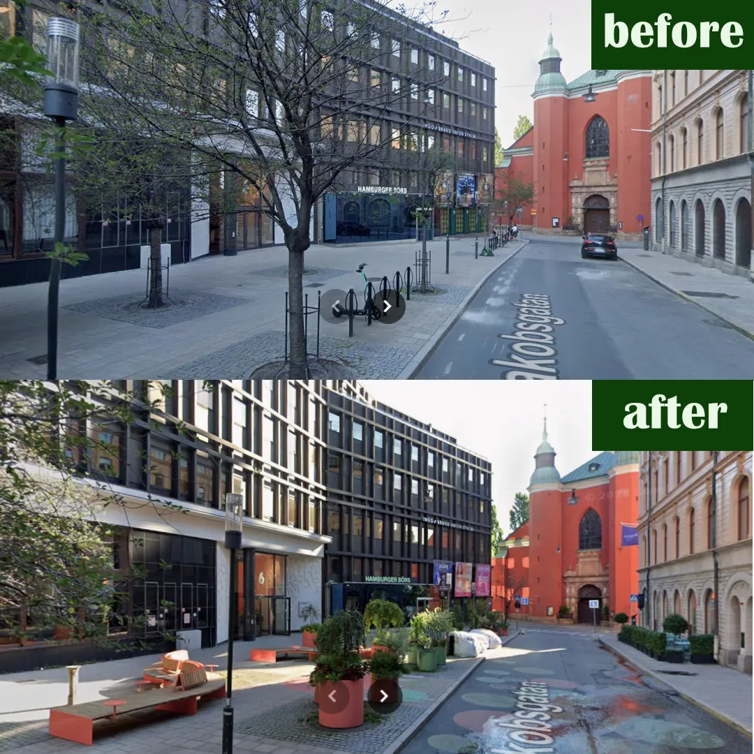 Street View-jämförelse av Jakobsgatan vid S:t Jacobs kyrka: en kal körbana med en passerande bil före; bänkar, planteringar och målad markyta efter.