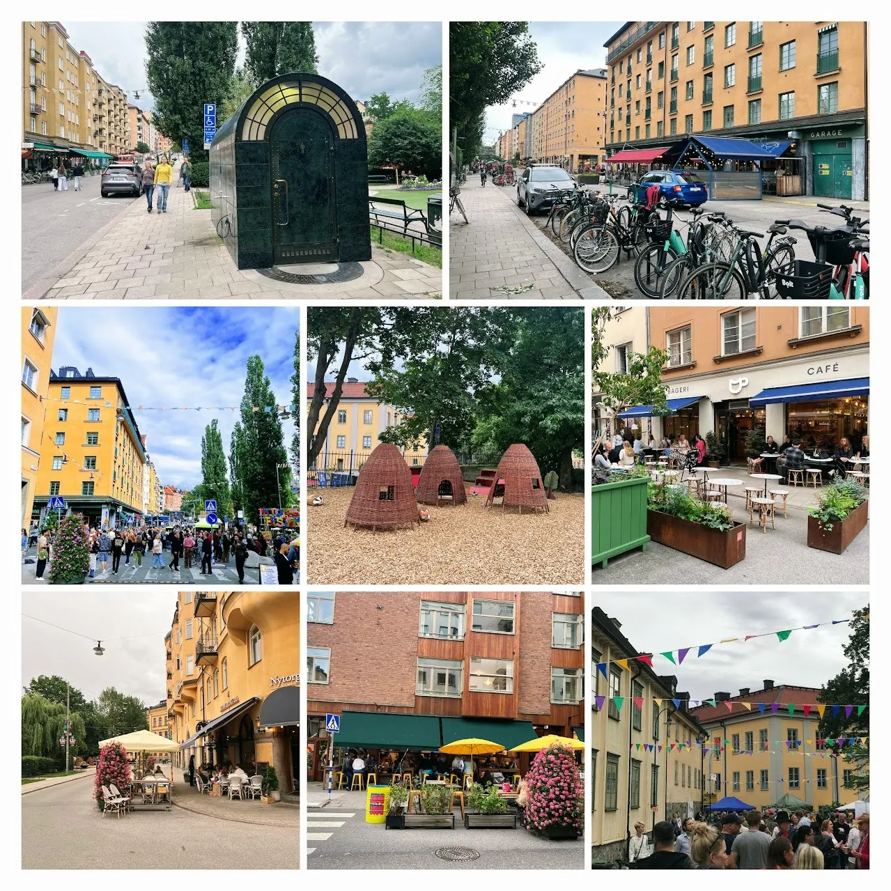 Åtta bilder från Nytorgsområdet: en utsmyckad offentlig toalett, lekstugor i korgflätning, uteserveringar och Skånegatan full av människor under vimplar.