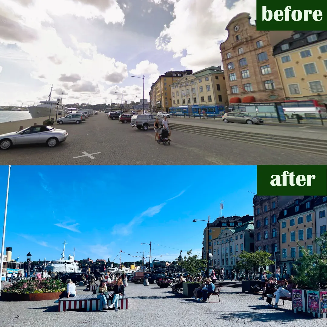 Före och efter på Skeppsbron: en kajparkering full av bilar omvandlad till en stenlagd yta där människor sitter på bänkar bland planteringar.