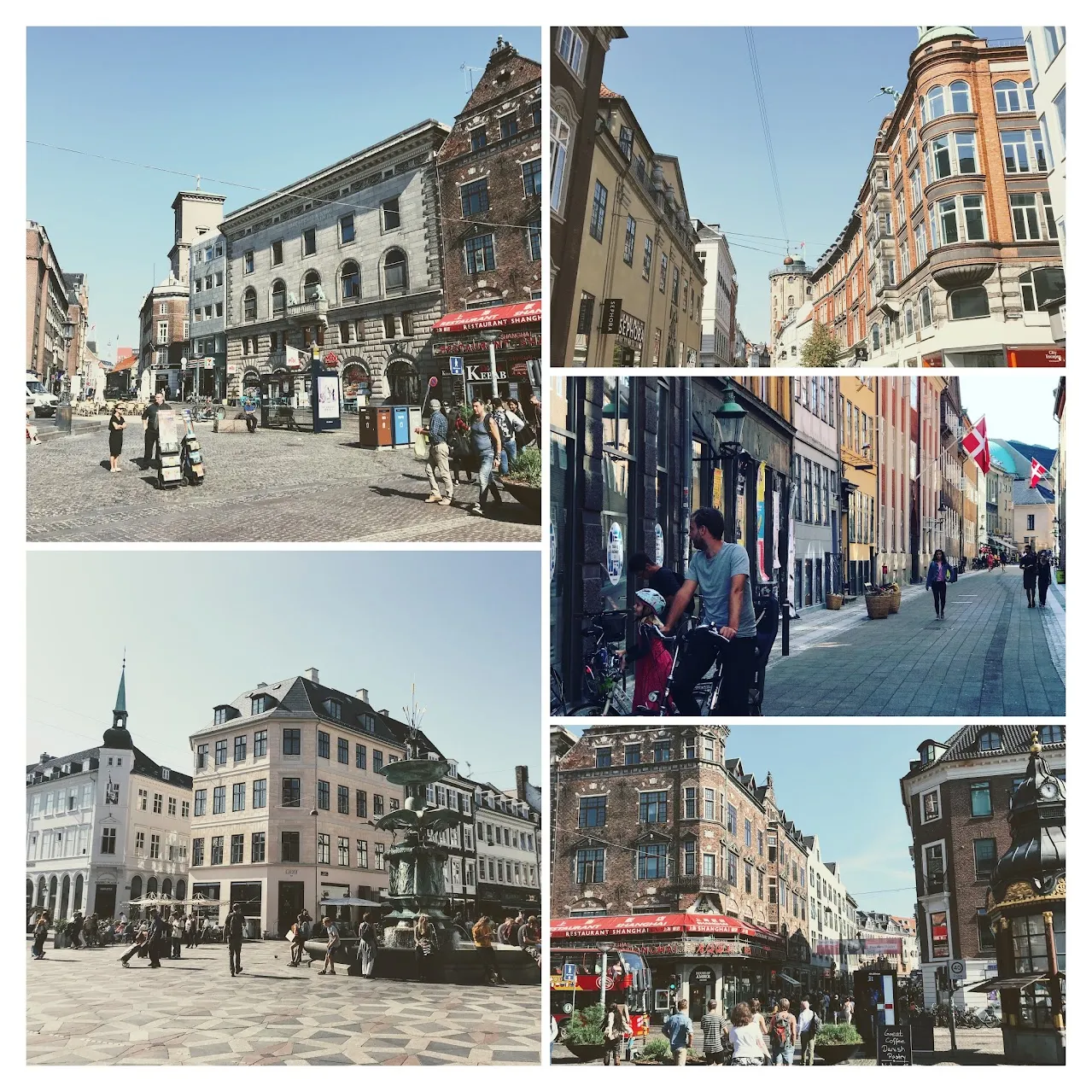 Collage från Strøget i Köpenhamn: gågator med butiker, ett torg med fontän och människor som går och cyklar mellan gamla byggnader.