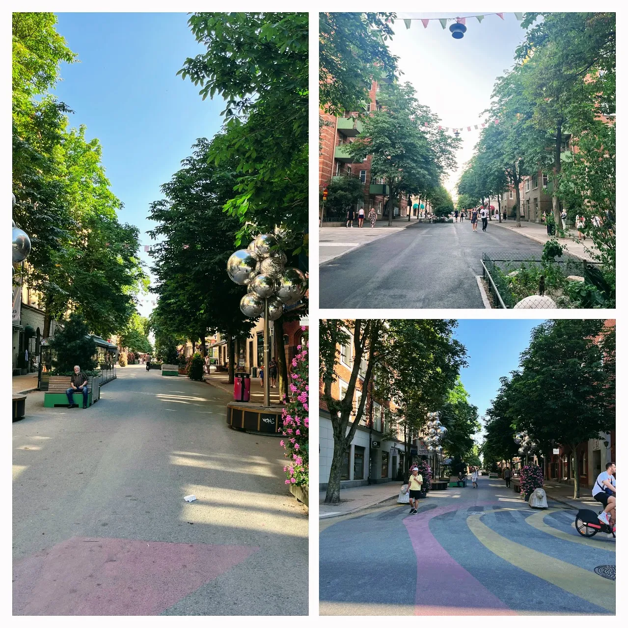 Tre bilder av Swedenborgsgatan som lummig gågata: bänkar och grönska under trädkronor, och färgglatt målad asfalt med silverkulor hängande ovanför.